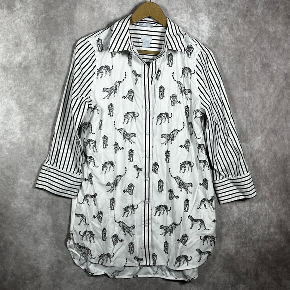 Chico's Shirt Womens Size 0 US 4‎ White Cheetah Print Striped No-Iron Tunic - Picture 1 of 9